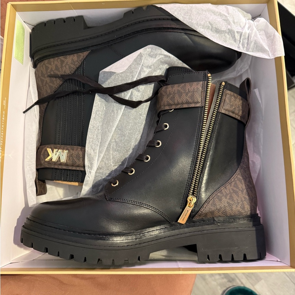 Michael kors Black and Brown Combat Boots with Gold Accents